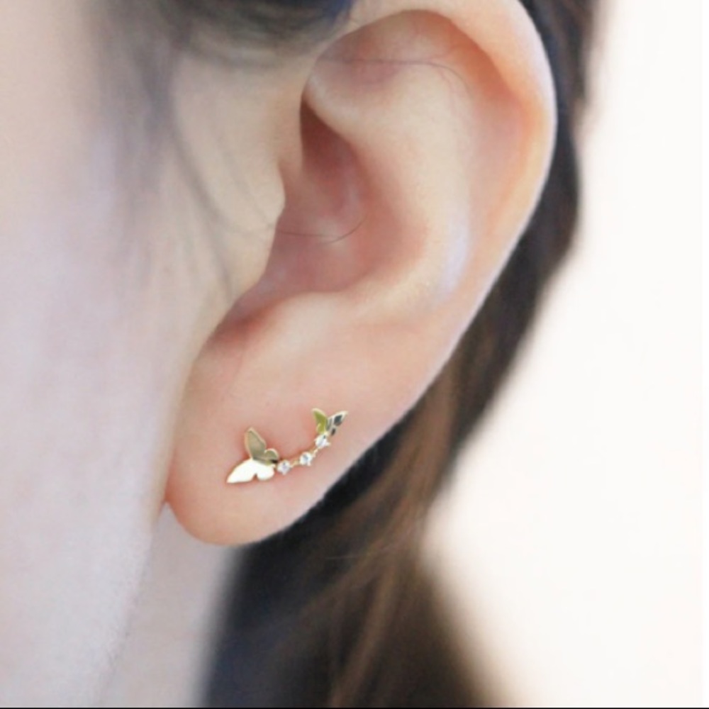14K GOLD Ultra Delicate Dainty Butterflies Ear Climber Zirco MicroStud E… - Picture 8 of 16